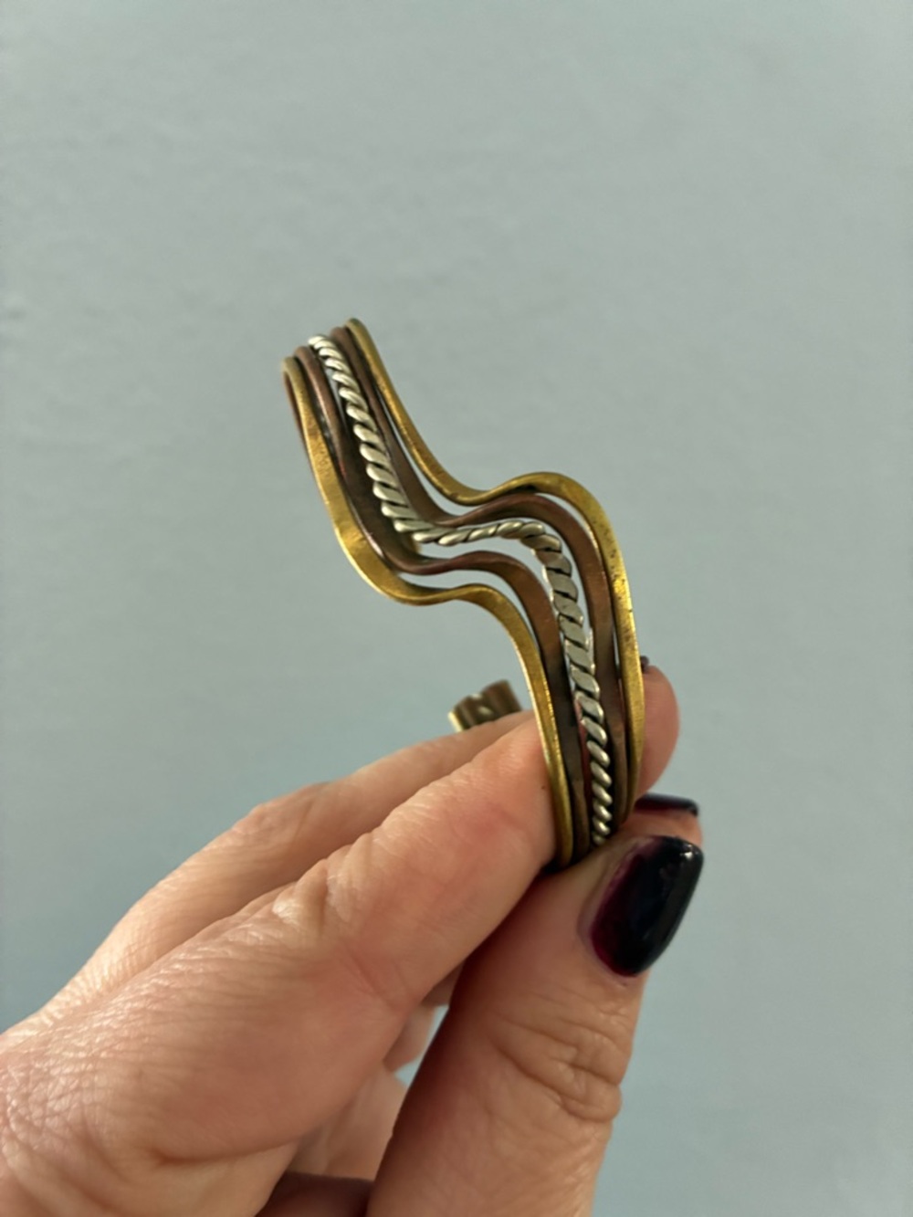 Wavy Turkish Two-Tone Metal Cuff Bracelet - Brass and Silver Tones